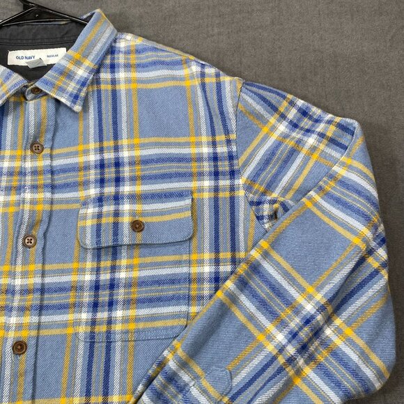 Old Navy Mens XL Plaid Flannel Button-Up Shacket Blue Yellow Cotton Regular Fit - Picture 9 of 12